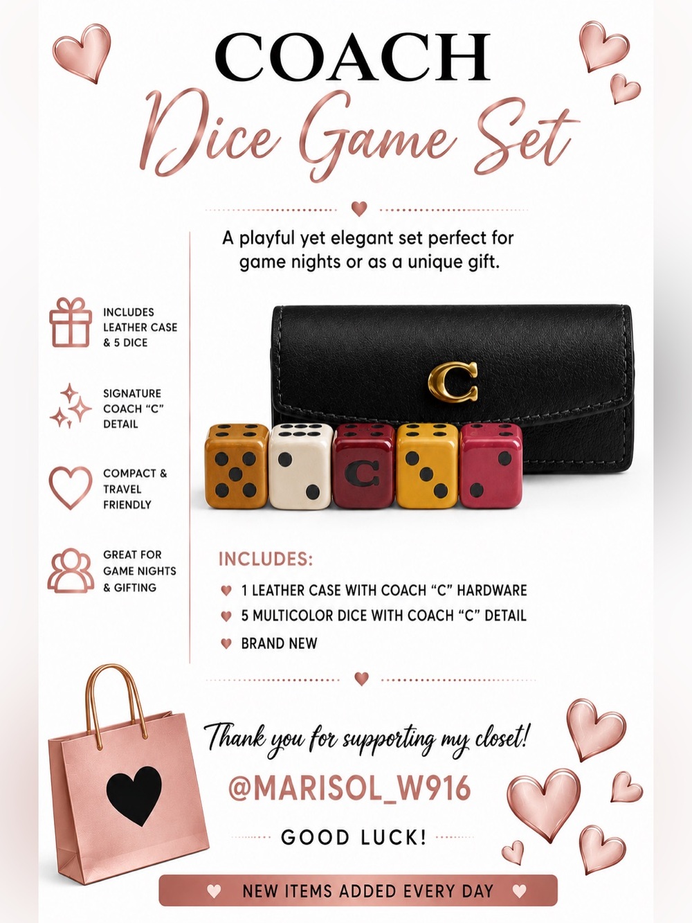 Coach Black Leather Dice Set with Multicolor Dice